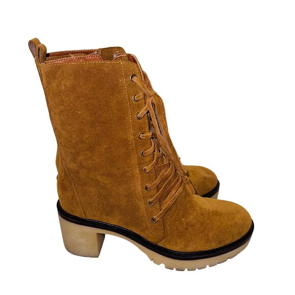 Mum Camel Suede Lace-Up Mid-Calf Boots Chunky Platform Heel Boho Retro 70s Y2K 7 - Picture 8 of 11
